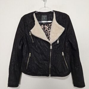 Guess Black Streetwear Embossed Faux Suede Soft Fur Animal Print Moto Jacket L
